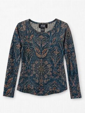 FDJ Floral-Print Long Sleeve Scoop Neck Tee in Teal Multi